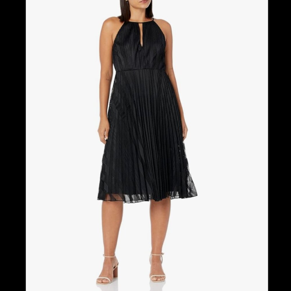 Theory Pleated Lace Midi Dress Size 4 Mod Black High Neck Halter Keyhole - Picture 13 of 14